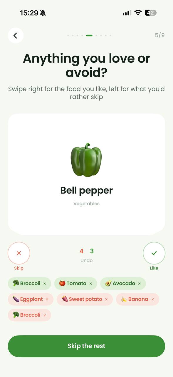 Panby onboarding screen for choosing favorite foods and dietary preferences